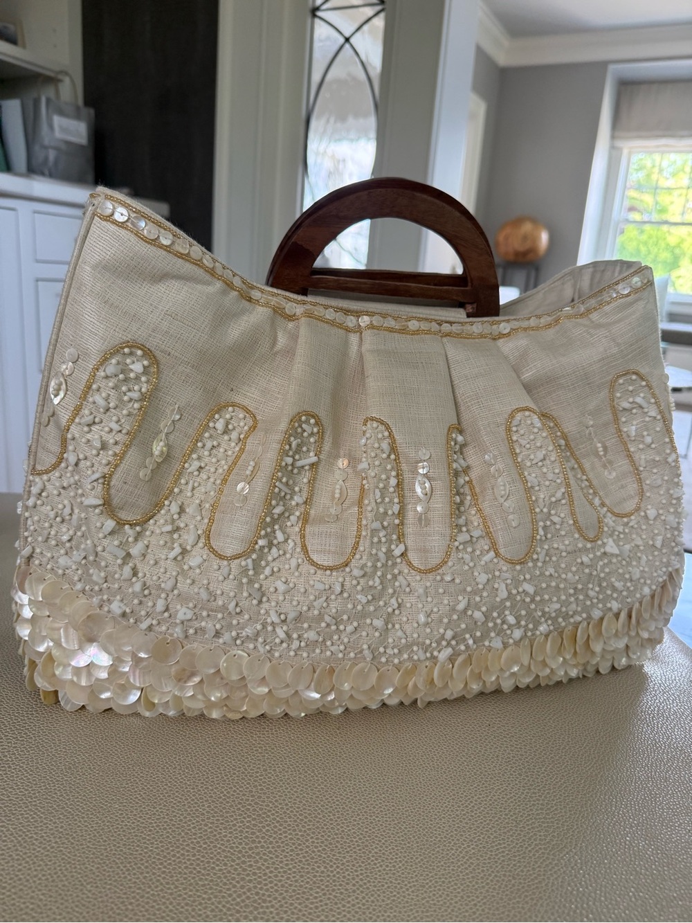 Embellished Cream Tote with Wooden Top Handles